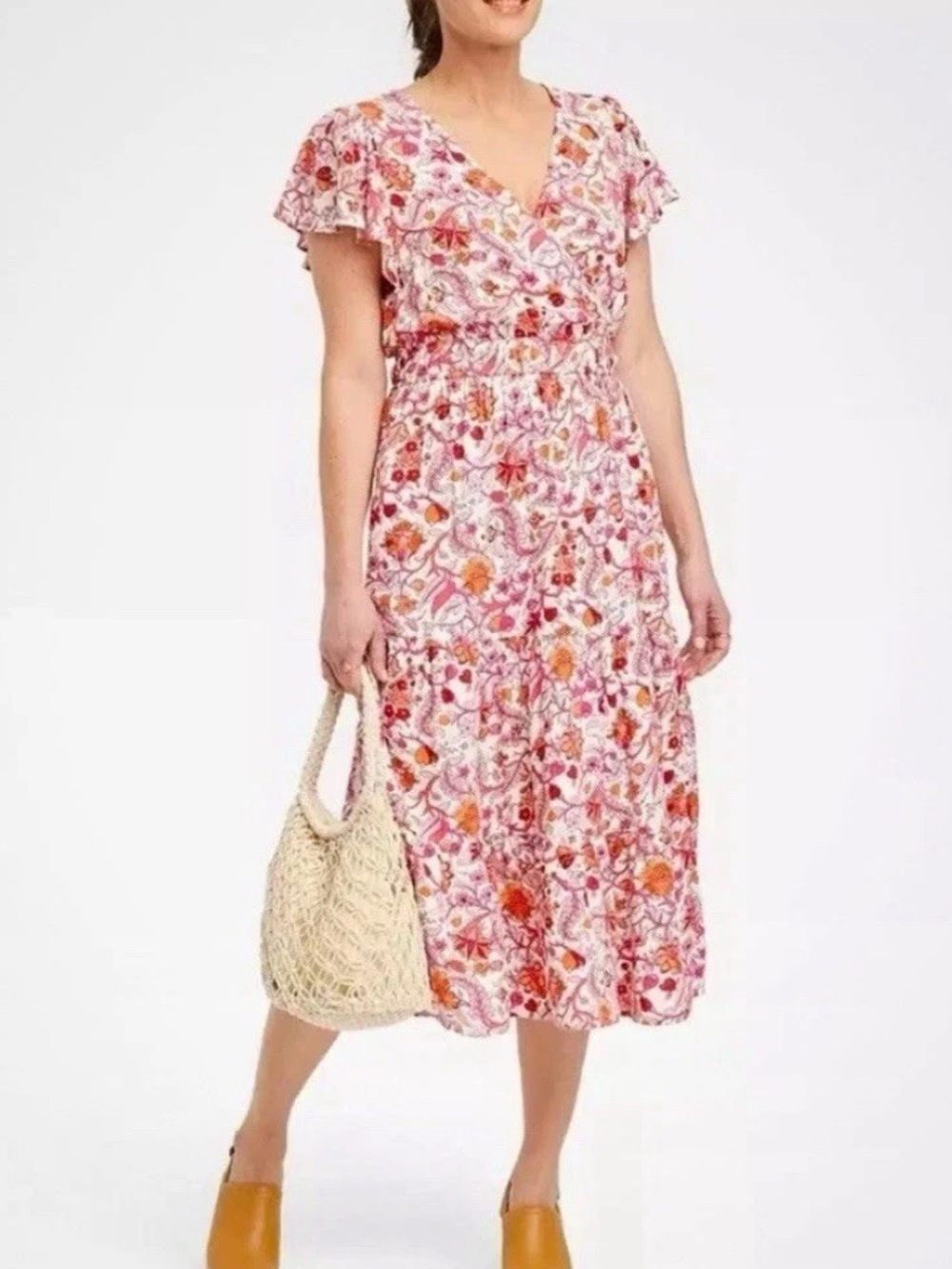 Knox Rose NWT Pink and Orange Floral Calla Lily Flutter Sleeve Maxi Dress Large